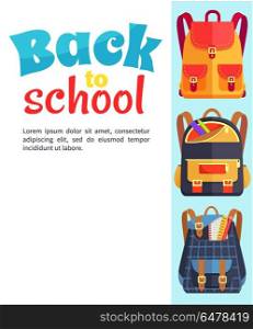 Back to School Poster with Backpacks and Pockets. Back to school poster with backpacks for child with pockets vector illustrations with white frame where can be added any text, banner with rucksacks