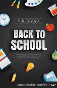 Back to school poster with education items on black background in paper art style.
