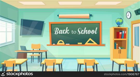 Back to school poster with empty classroom with teachers desk. cartoon Education background. college or university training room with chalkboard, table, chairs. Vector illustration in a flat style. Empty School Class Room Interior Board