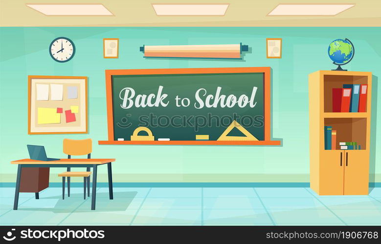 Back to school poster with empty classroom with teachers desk. cartoon ...