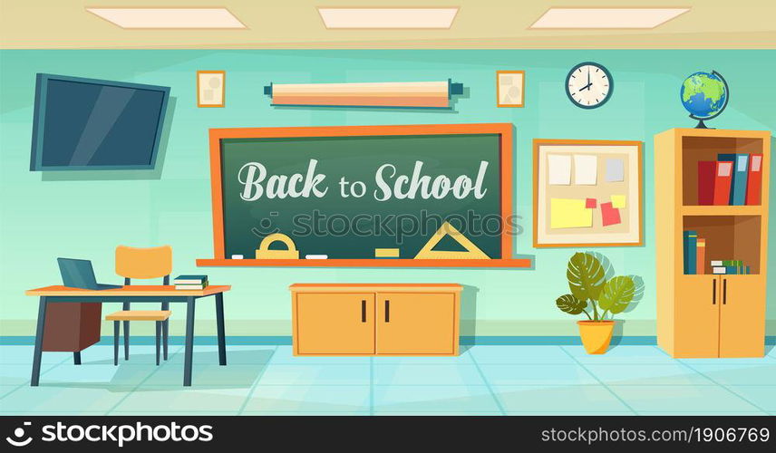 Back to school poster with empty classroom with teachers desk. cartoon School Education background. Classroom interior. Meeting room. Vector illustration in a flat style. Empty classroom. School Education background.