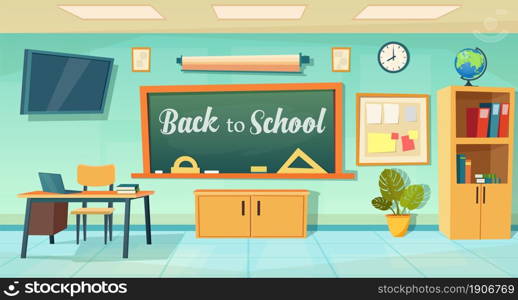 Back to school poster with empty classroom with teachers desk. cartoon School Education background. Classroom interior. Meeting room. Vector illustration in a flat style. Empty classroom. School Education background.