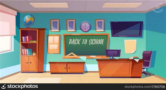 Back to school poster with empty classroom with teachers desk, green chalkboard and globe. Vector cartoon illustration of modern room for kids education with computer and tv screen on wall. Back to school poster with empty classroom