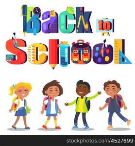 Back to School Poster with Inscription and Kids. Back to school poster with inscription made of stationery objects, chemical flasks, paint brushes pens and pencils and international schoolchildren vector