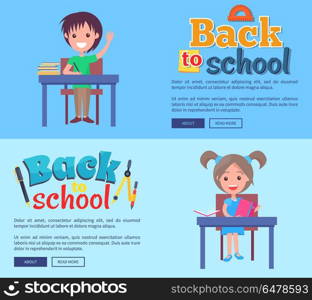Back to School Poster with Inscription Stationary. Back to school poster with inscription with compass divider and pencil, ballpoint pen, protractor. Vector illustration of boy and girl sitting at desks