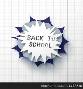 Back to school poster with letters made from halftone dots, modern school background, greeting card with cartoon explosion in pop-art style on notebook paper, vector illustration.