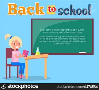 Back to School Poster with Profile of Smiling Girl. Back to school poster with profile of smiling girl sitting at desk with open book, schoolchild doing homework vector illustration, place for text on blackboard