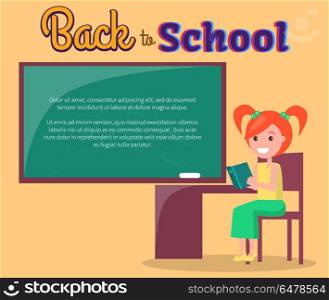 Back to School Poster with Redhead Girl Profile. Back to school poster with redhead girl profile view sitting at desk with open book reading novel near blackboard vector illustration