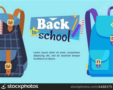 Back to School Poster with Schoolchild Rucksack. Back to school poster with rucksack for boys in blue colors with big pockets and metal fasteners vector illustration isolated with text