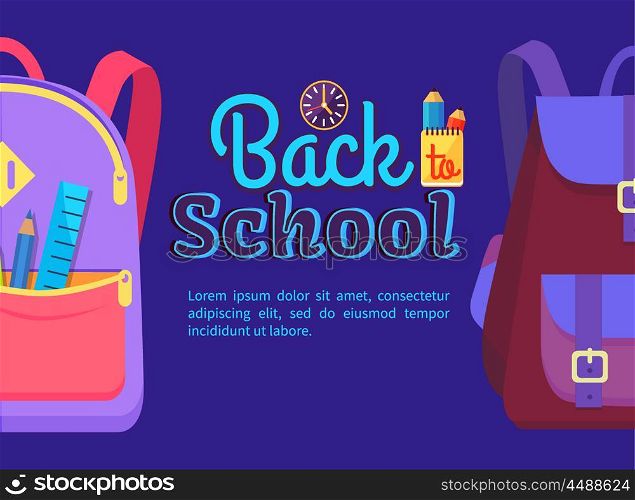 Back to School Poster with Schoolchild Rucksack. Back to school poster with backpack for child with school stationery accessories pencils and ruler in back pocket vector isolated. Rucksacks with logo and text