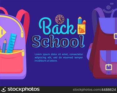 Back to School Poster with Schoolchild Rucksack. Back to school poster with backpack for child with school stationery accessories pencils and ruler in back pocket vector isolated. Rucksacks with logo and text