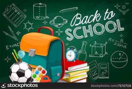 Back to School poster with sketch chalk lettering and drawing on green blackboard. Vector student supplies sport ball, books, pencil and pen, student bag. School time educational items in classroom. Back to School poster with sketch chalk lettering