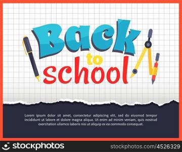 Back to School Posteron on Checkered Background. Back to school poster with stationery objects as compass divider with pencil and pen vector illustration isolated on checkered background