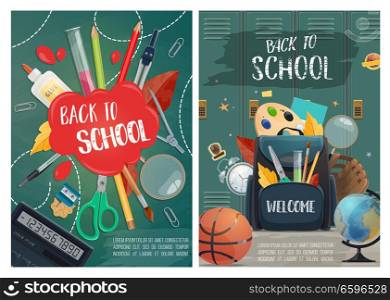 Back to school posters, hall with lockers and backpack full of stationery for education, pencils and scissors, globe and basketball, palette and baseball glove, calculator and fall leaves vector. Welcome to school posters with stationery supplies