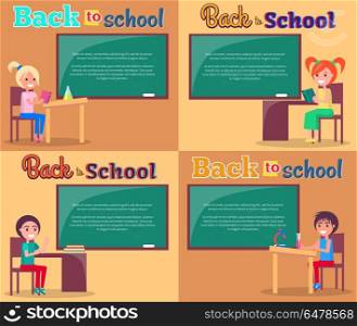 Back to School Posters Set Smiling Boys and Girls. Back to school posters set with smiling boys and girls sitting at desks on background of green blackboards with place for text vector illustrations
