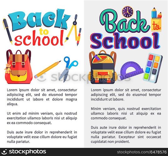 Back to School Posters Set with Place for Text. Back to school set of posters with stationery objects as rucksack bag, paints with brush, ABC book, scissors with rulers vector illustrations with text below