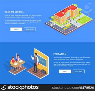Back to School Posters with Isometric Illustration. Back to school education posters with isometric vector of educational institution area and classroom with male teacher and attentive students