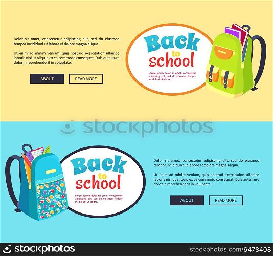 Back to School Posters with Open Schoolbag, Books. Back to school posters set with open schoolbags, books inside, side view vector illustration isolated. Rucksacks with pockets and fasteners