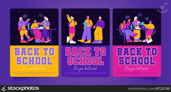 Back to school posters with students studying and prepare for exams. Teenagers classmates with books and gadgets communicate in college or university, chat, work on laptop Line art flat vector banners. Back to school posters with students studying