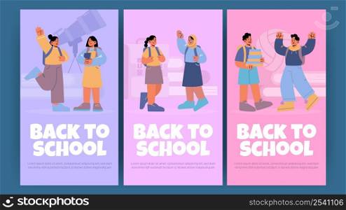 Back to school posters with young students greeting each other. Vector banners of education in primary or preschool with flat illustration of happy diverse kids, multiracial pupils. Back to school posters with young students