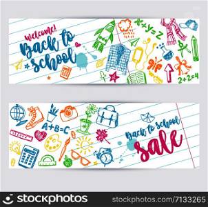 Back to school promo banner design. Vector background. Use for sale flyer, event invitation.. Back to school promo banner design. Vector background color crayons and pencils. Hand drawn doodle sketches with school goods.