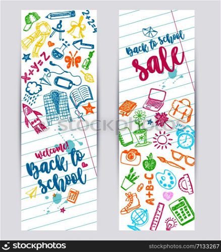 Back to school promo banner design. Vector background. Use for sale flyer, event invitation.. Back to school promo banner design. Vector background color crayons and pencils. Hand drawn doodle sketches with school goods.