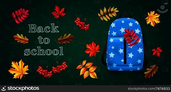 Back to school realistic background with blue backpack and colorful autumn leaves vector illustration