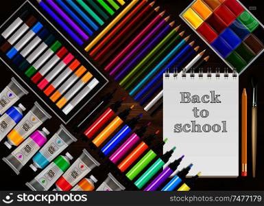 Back to school realistic background with colorful pencils markers crayons paints notepad brush on wooden table vector illustration