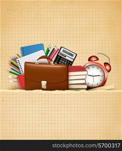 Back to school. Retro education background with school supplies and old paper. Vector.