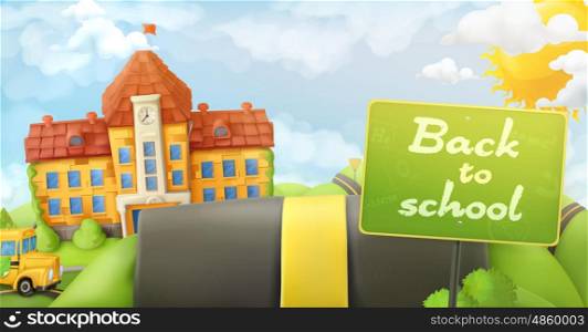 Back to school, road and sign, vector cartoon background