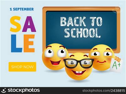 Back to school sale banner design with smart cartoon emotions and chalkboard. Text can be used for signs, posters, promo flyers, leaflets