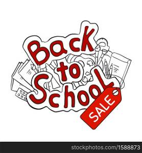 Back to school sale. Contour cartoon doodle lettering with school stationery, books. Special offer and discounts for studying. Vector outline object for banners, posters and your design.. Back to school sale. Contour cartoon doodle lettering with school stationery, books. Special offer and discounts for studying. Vector outline object
