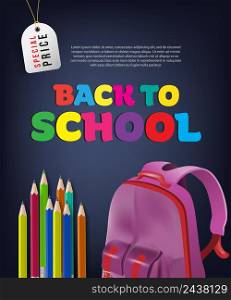 Back to school sale flyer design with violet backpack, colorful pencils and tag on black background. Text can be used for signs, posters, banners