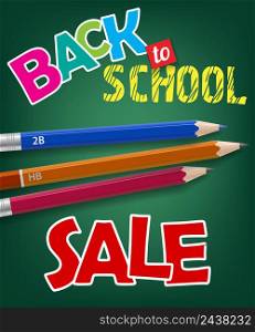 Back to school, sale lettering and graphite pencils. Offer or sale advertising design. Typed text, calligraphy. For leaflets, brochures, invitations, posters or banners.