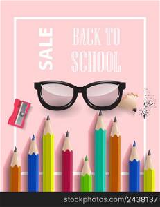 Back to school, sale lettering in frame with pencils. Offer or sale advertising design. Typed text, calligraphy. For leaflets, brochures, invitations, posters or banners.