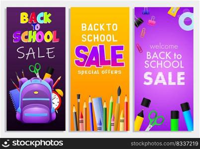 Back to school sale letterings set, backpack, pencils, brushes. Offer or sale advertising design. Typed text, calligraphy. For leaflets, brochures, invitations, posters or banners.