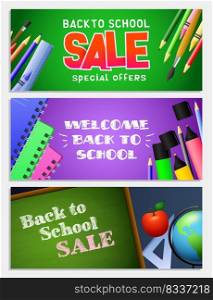 Back to school sale letterings set, chalkboard, notebooks, pencils. Offer or sale advertising design. Typed text, calligraphy. For leaflets, brochures, invitations, posters or banners.