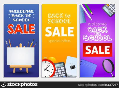 Back to school sale letterings set, easel, alarm clock, loupe. Offer or sale advertising design. Typed text, calligraphy. For leaflets, brochures, invitations, posters or banners.