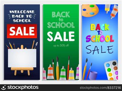 Back to school sale letterings set, paint brushes and easel. Offer or sale advertising design. Typed text, calligraphy. For leaflets, brochures, invitations, posters or banners.