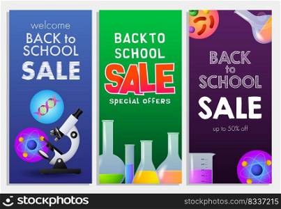 Back to school sale letterings set, physics, chemistry, biology. Offer or sale advertising design. Typed text, calligraphy. For leaflets, brochures, invitations, posters or banners.