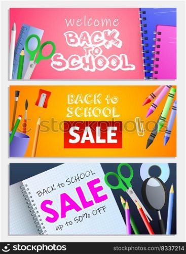 Back to school sale letterings set, scissors, pencils, copybooks. Offer or sale advertising design. Typed text, calligraphy. For leaflets, brochures, invitations, posters or banners.