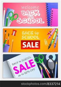 Back to school sale letterings set, scissors, pencils, copybooks. Offer or sale advertising design. Typed text, calligraphy. For leaflets, brochures, invitations, posters or banners.