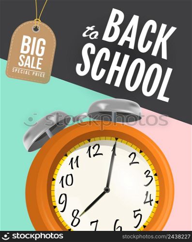 Back to school sale poster design with alarm clock and tag on mint, pink and black background. Text can be used for signs, flyers, banners