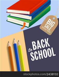 Back to school sale poster design with notebooks, pencils and tag on blue and yellow background. Text can be used for signs, flyers, banners