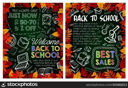 Back to School sale posters for stationery shop discount offer design template. Vector education season biology lesson book, school bag, geography globe or mathematics calculator on green chalkboard. Back to School vector discount sale shop poster