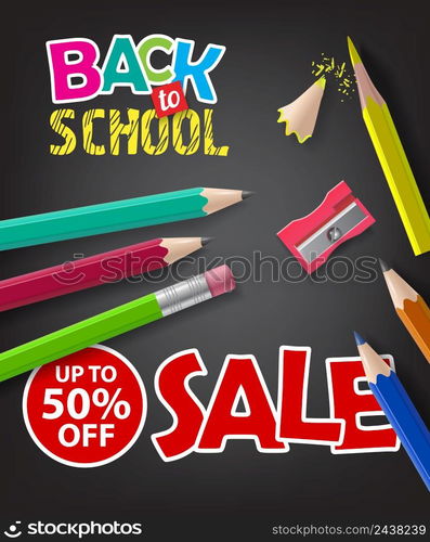 Back to school, sale, up to fifty percent off lettering with pencils. Offer or sale advertising design. Typed text, calligraphy. For leaflets, brochures, invitations, posters or banners.