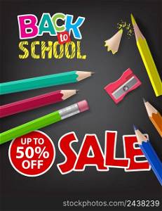 Back to school, sale, up to fifty percent off lettering with pencils. Offer or sale advertising design. Typed text, calligraphy. For leaflets, brochures, invitations, posters or banners.
