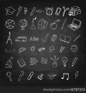 Back to school. School icons and design elements on black chalkboard background. Design element in vector