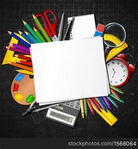Back to school. School supplies and blank paper .Vector illustration