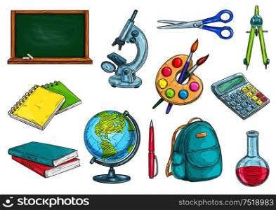 Back to school school supplies icons. Vector sketch elements of chalk blackboard, microscope, copybook, textbook, watercolor paint brushes, globe, pen, rucksack, chemical flask, scissors compass calculator. School and education isolated objects